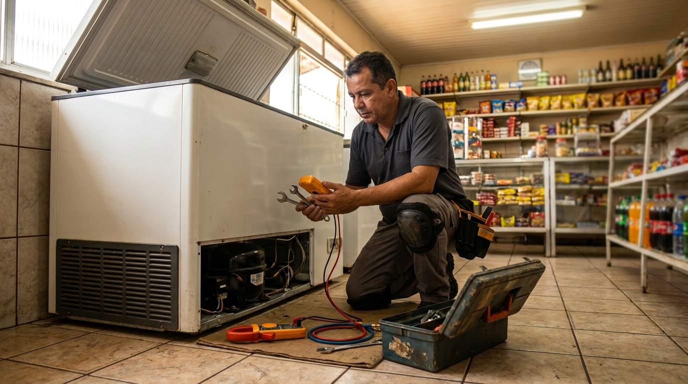 Profissional executando manutenção no motor de freezer em Guarapari‑ES