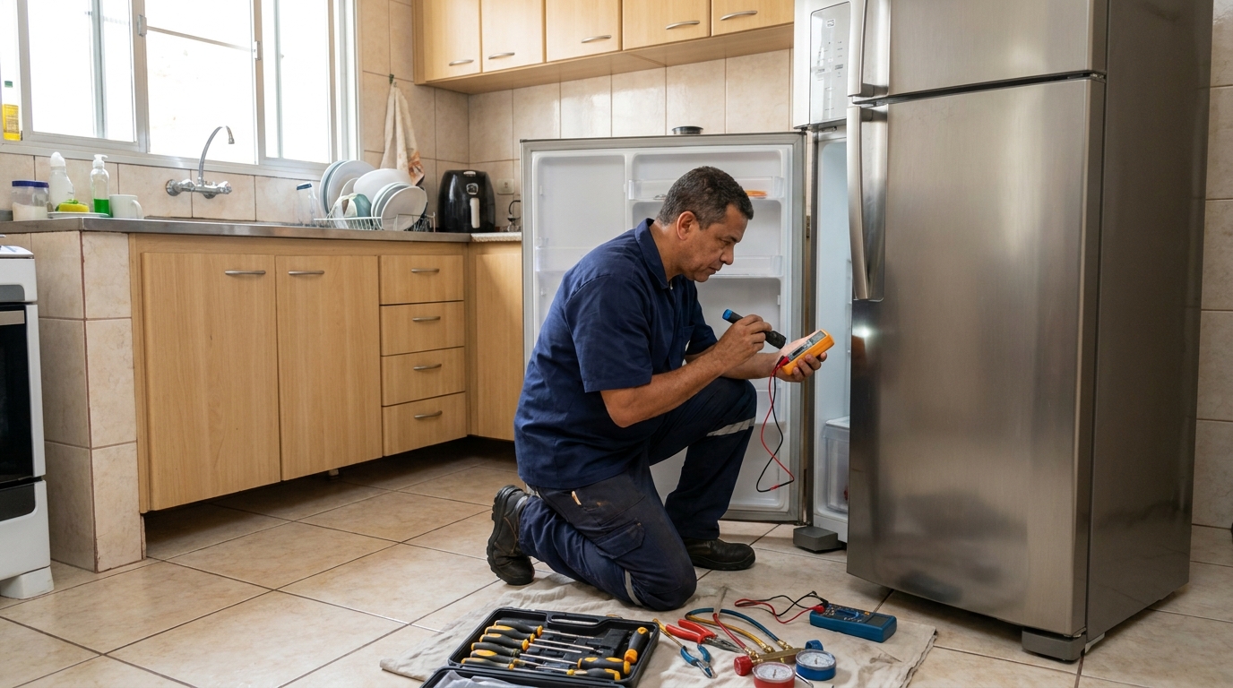 Técnico aplicando recarga de gás refrigerante em geladeira em Guarapari‑ES