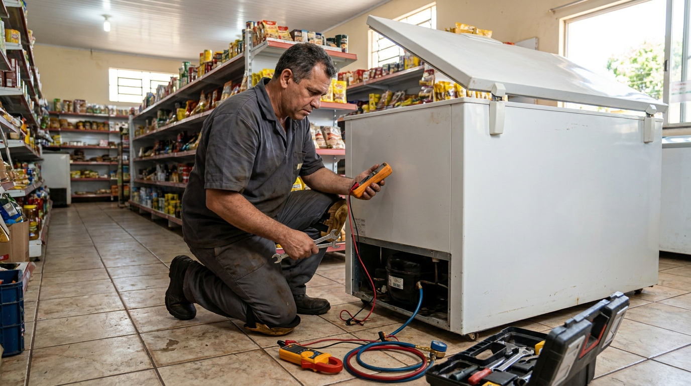 Substituição de termostato de freezer em visita técnica em Guarapari‑ES